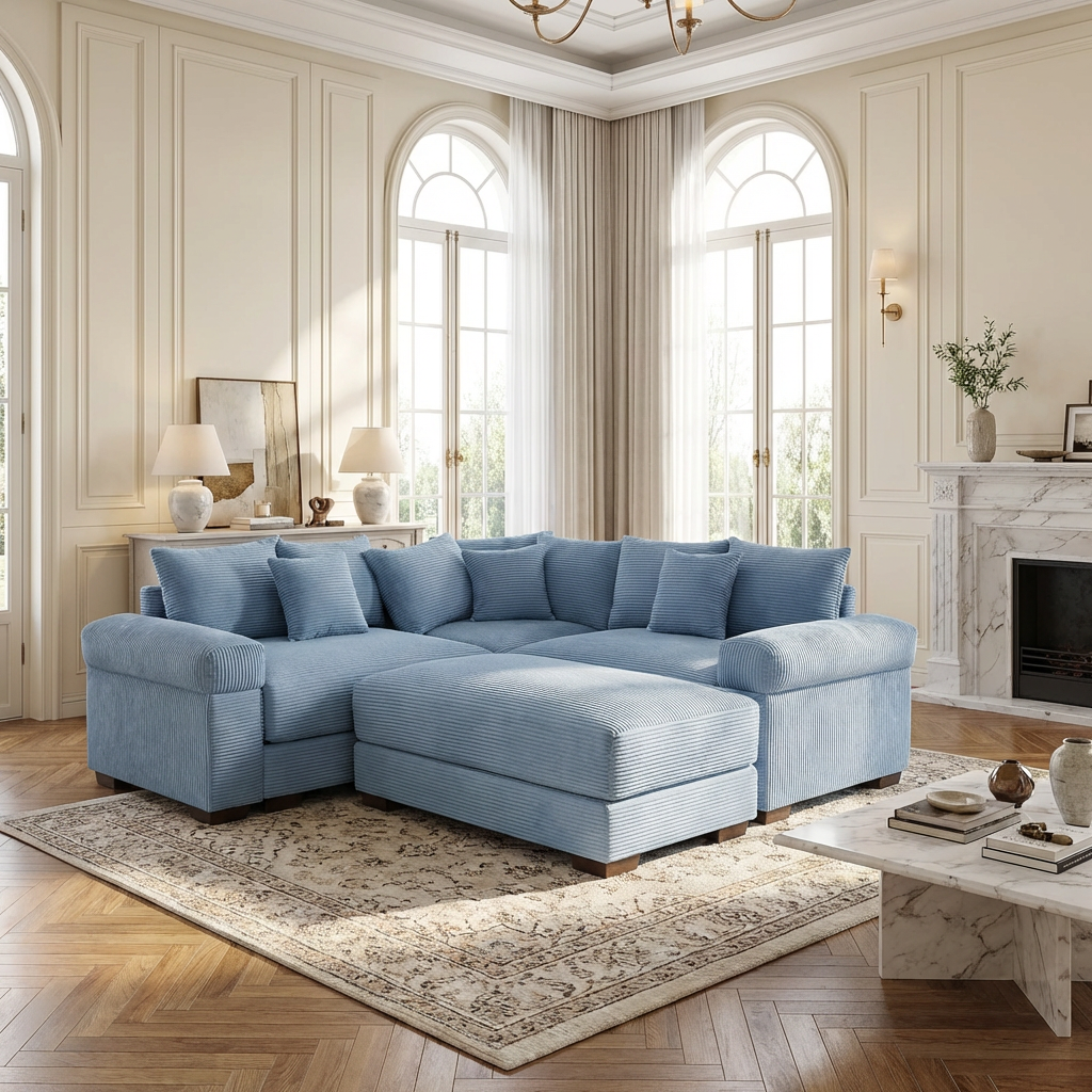 Albany 79" 4 Pieces Corduroy Modular Corner Sectional Sofa with Ottoman