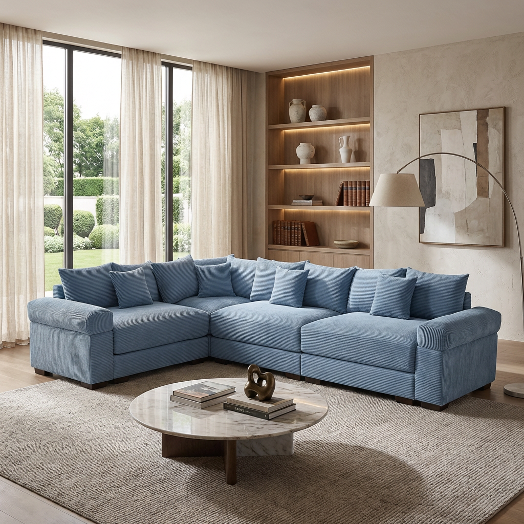 Albany 130" Corduroy Modular L-Shaped Sectional Sofa with Throw Pillows