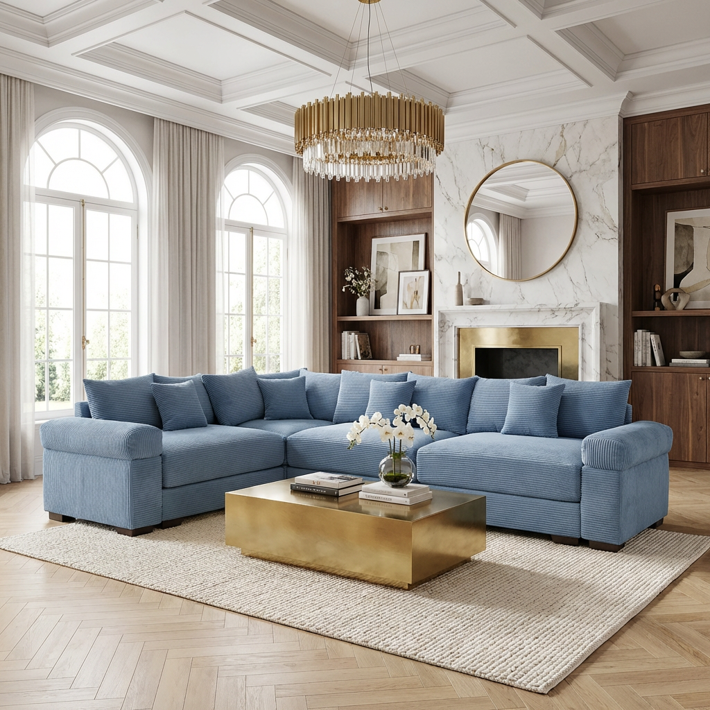 Albany 130" Corduroy Modular L-Shaped Sectional Sofa with Throw Pillows