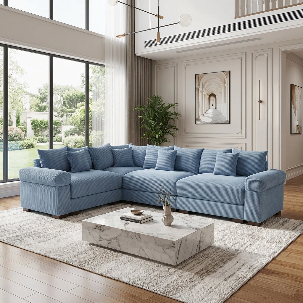 Albany 130" Corduroy Modular L-Shaped Sectional Sofa with Throw Pillows