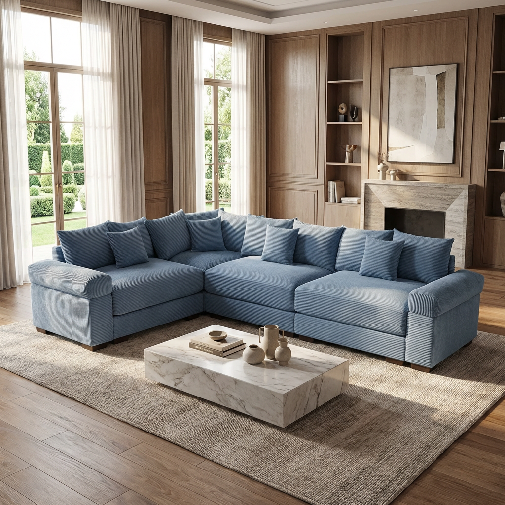 Albany 130" Corduroy Modular L-Shaped Sectional Sofa with Throw Pillows