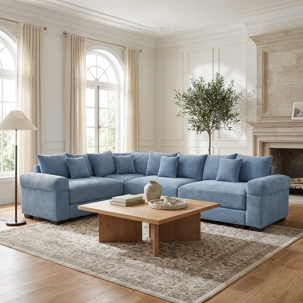Albany 130" Corduroy Modular L-Shaped Sectional Sofa with Throw Pillows