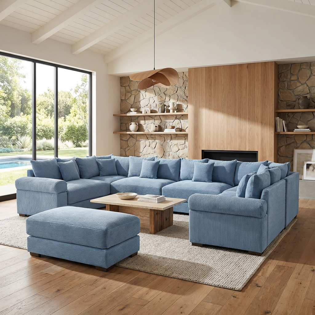 Albany 138" Oversized 7 Pieces Modular Corduroy U-Shaped Sectional Sofa with Ottoman