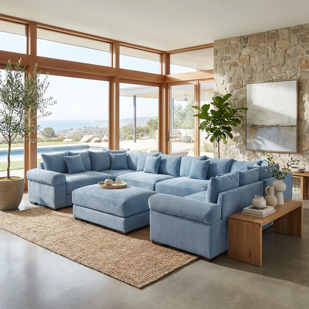 Albany 138" Oversized 7 Pieces Modular Corduroy U-Shaped Sectional Sofa with Ottoman