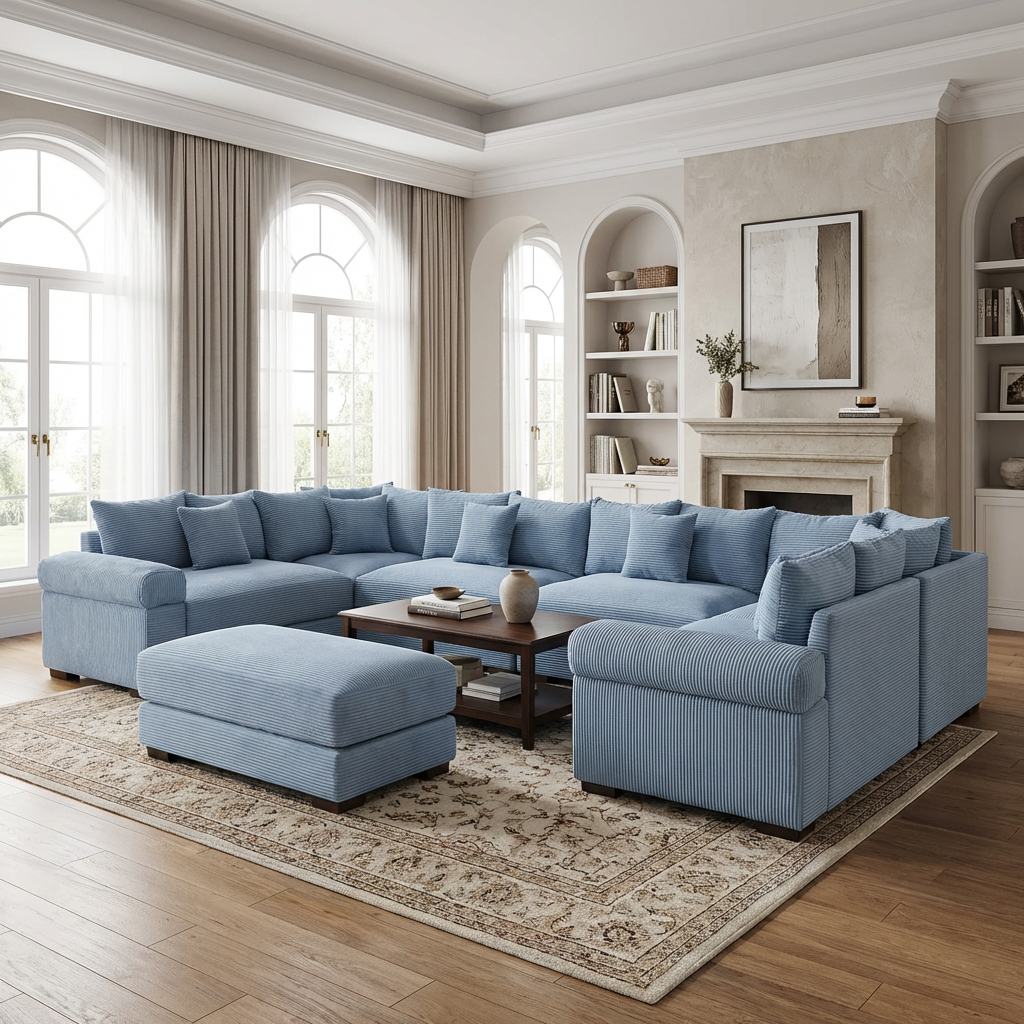 Albany 138" Oversized 7 Pieces Modular Corduroy U-Shaped Sectional Sofa with Ottoman