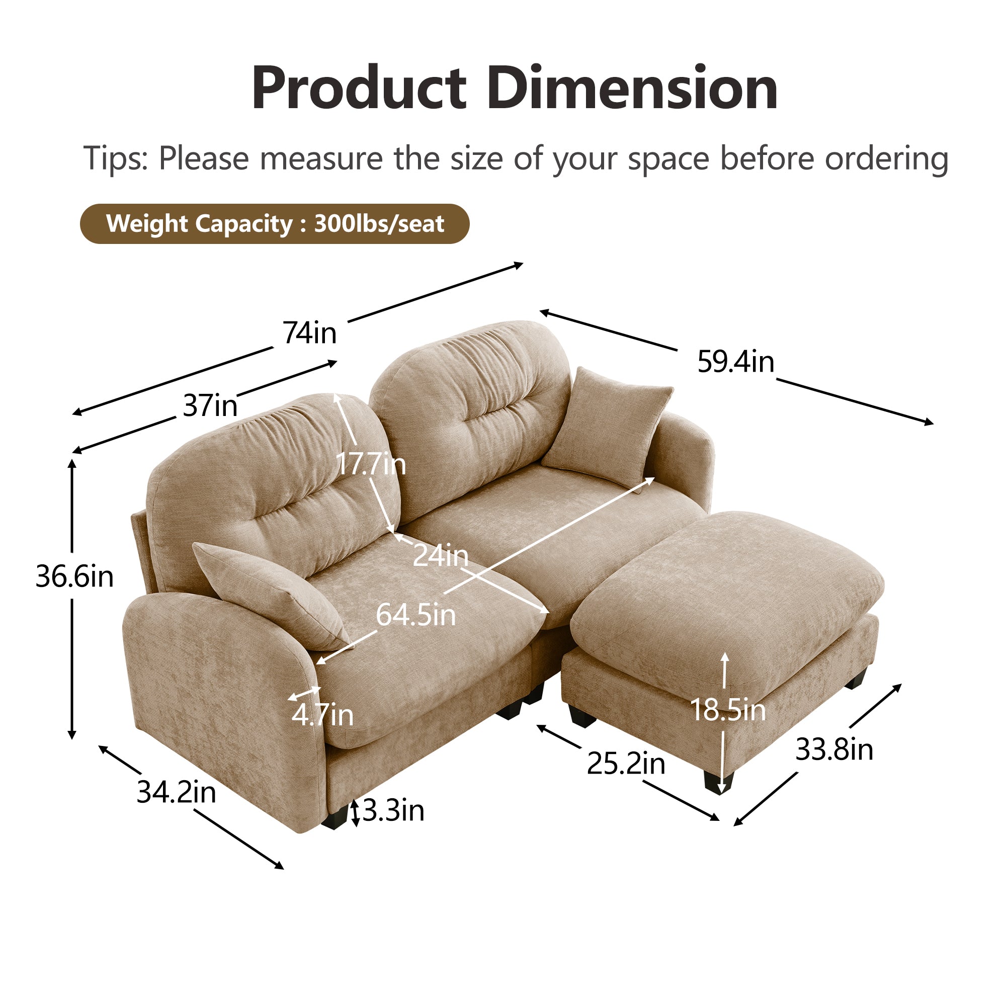 Roselyn 74" Modular Chenille Cloud L-Shaped Sectional Sofa with Ottoman