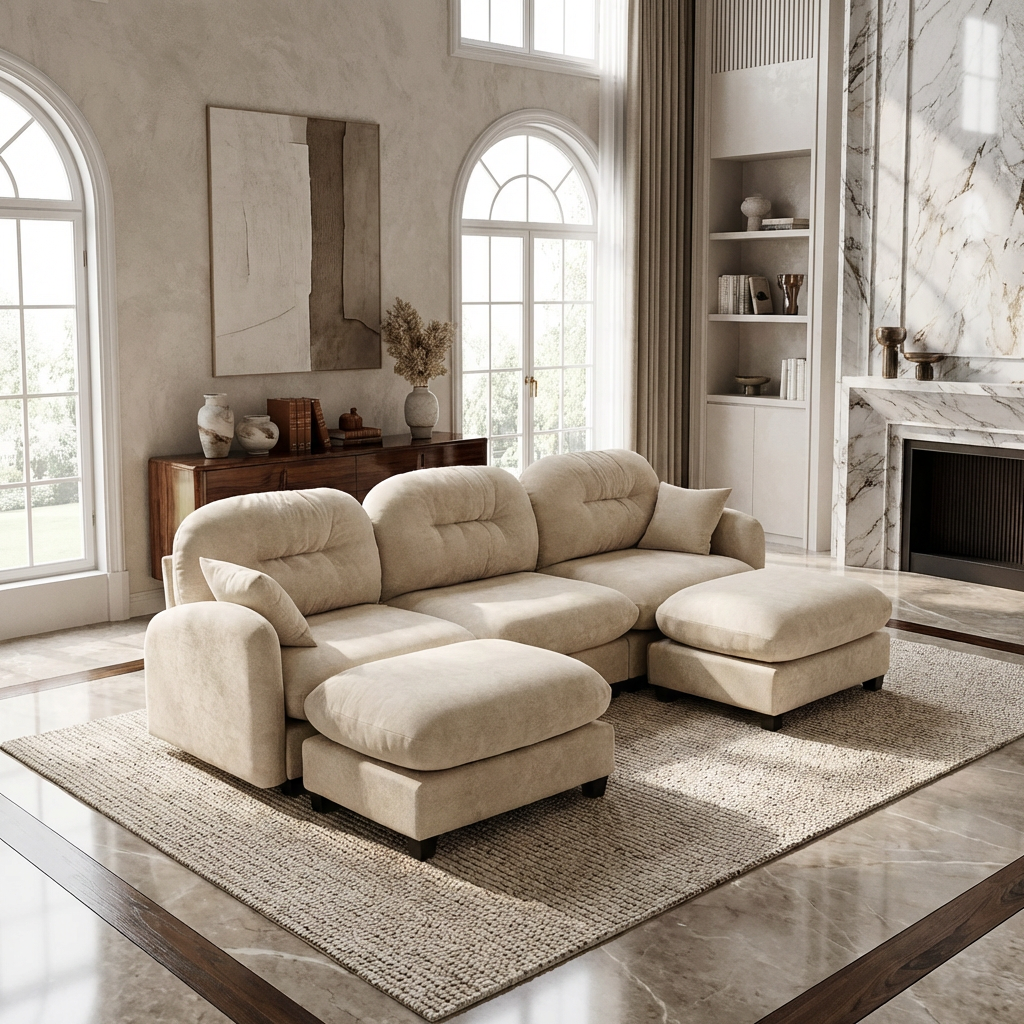 Roselyn 107" Chenille U-Shaped Sectional Sofa with 2 Ottomans and Tufted Backrest