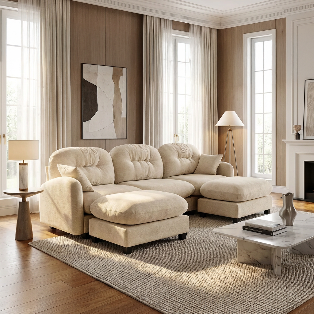 Roselyn 107" Chenille U-Shaped Sectional Sofa with 2 Ottomans and Tufted Backrest