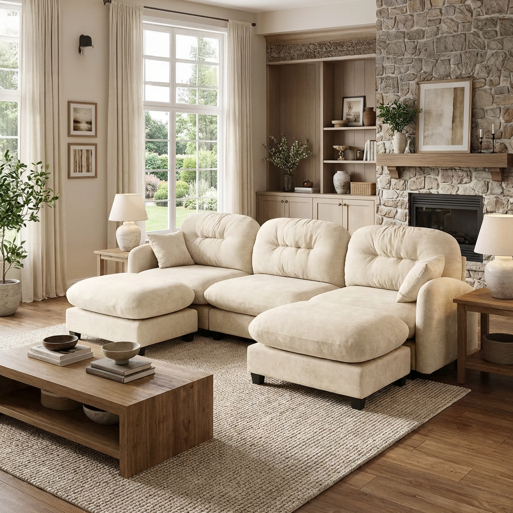 Roselyn 107" Chenille U-Shaped Sectional Sofa with 2 Ottomans and Tufted Backrest