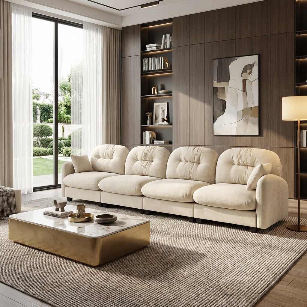 Roselyn 140" Modular Chenille Cloud 4-Seater Sofa with Tufted Cushion Backrest and  Pillows