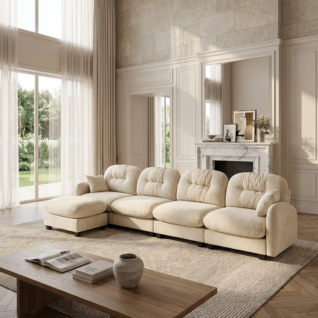 Roselyn 140" Modular Chenille Cloud L-Shaped Sectional Sofa with Ottoman and Tufted Cushion Backrest