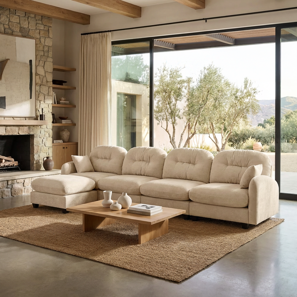 Roselyn 140" Modular Chenille Cloud L-Shaped Sectional Sofa with Ottoman and Tufted Cushion Backrest