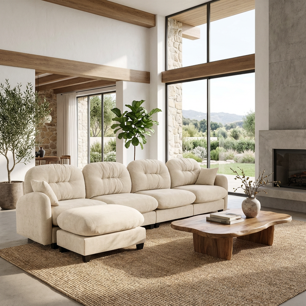 Roselyn 140" Modular Chenille Cloud L-Shaped Sectional Sofa with Ottoman and Tufted Cushion Backrest