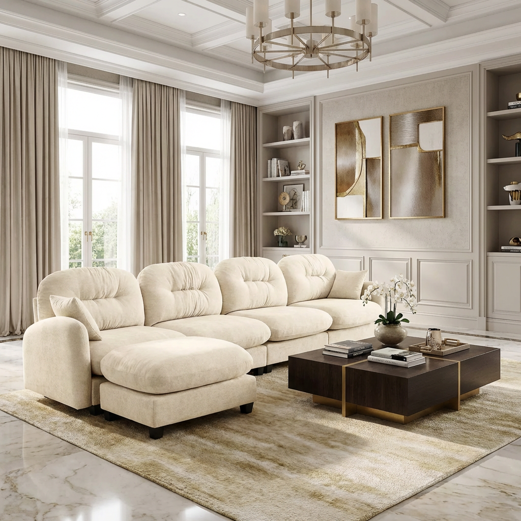Roselyn 140" Modular Chenille Cloud L-Shaped Sectional Sofa with Ottoman and Tufted Cushion Backrest