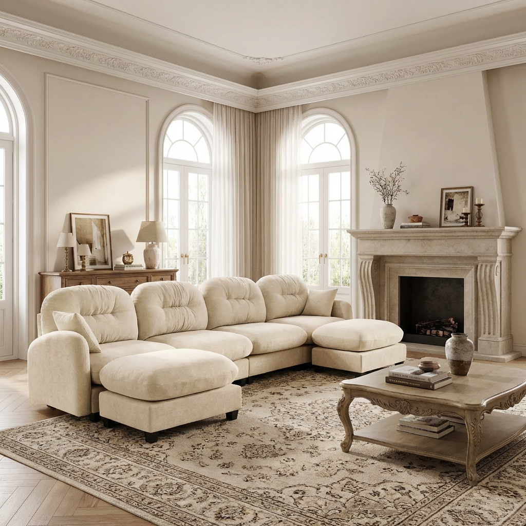Roselyn 140" Modular Chenille U-Shaped Sectional Sofa with Ottoman and Tufted Cushion Backrest