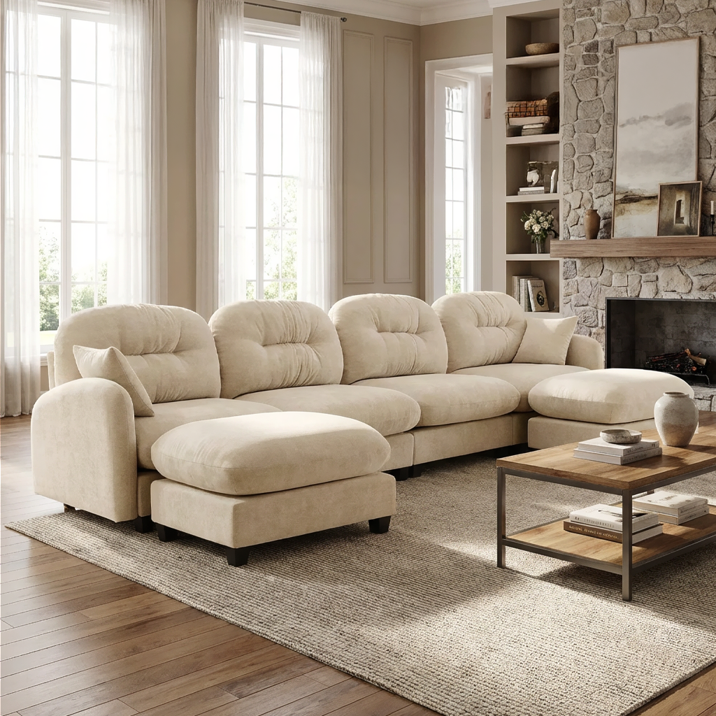 Roselyn 140" Modular Chenille U-Shaped Sectional Sofa with Ottoman and Tufted Cushion Backrest