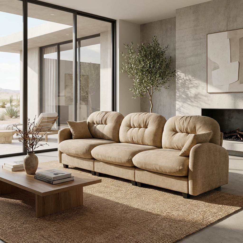 Homy Casa Roselyn 140" Modular Chenille Cloud 4-Seater Sofa with Tufted Cushion Backrest and  Pillows with Ottoman