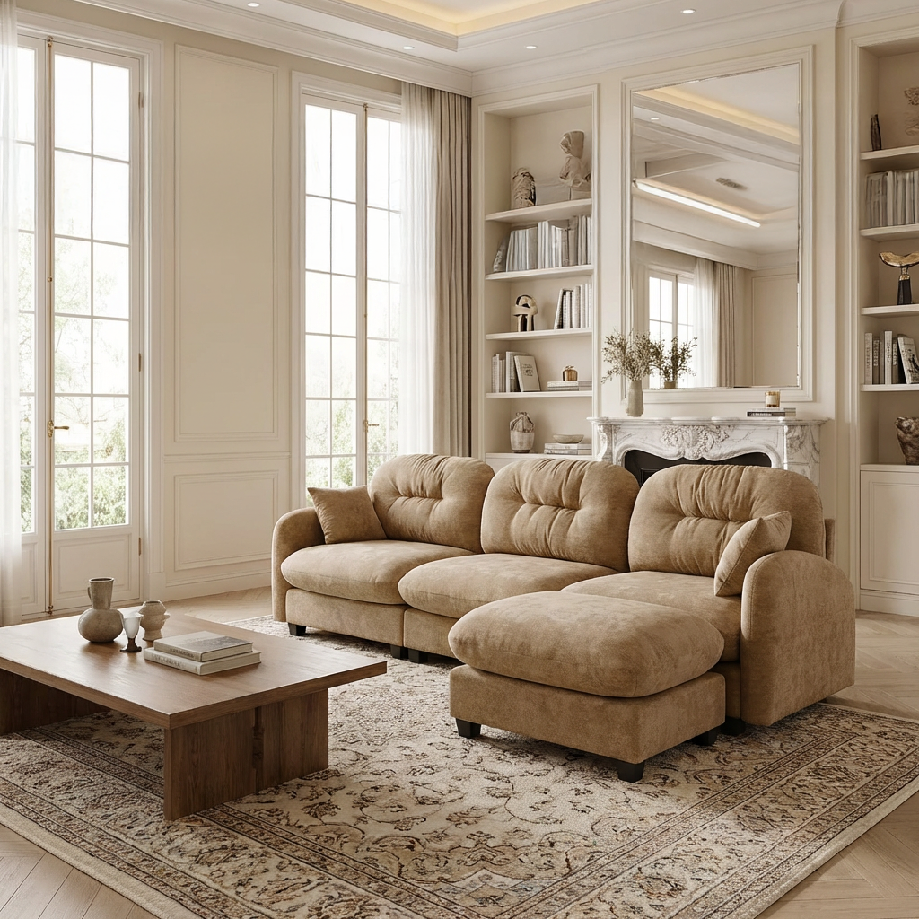 Homy Casa Roselyn 140" Modular Chenille Cloud 4-Seater Sofa with Tufted Cushion Backrest and  Pillows with Ottoman