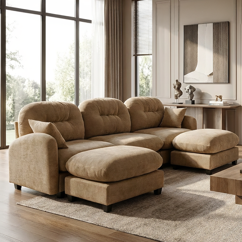 Roselyn 107" Chenille U-Shaped Sectional Sofa with 2 Ottomans and Tufted Backrest