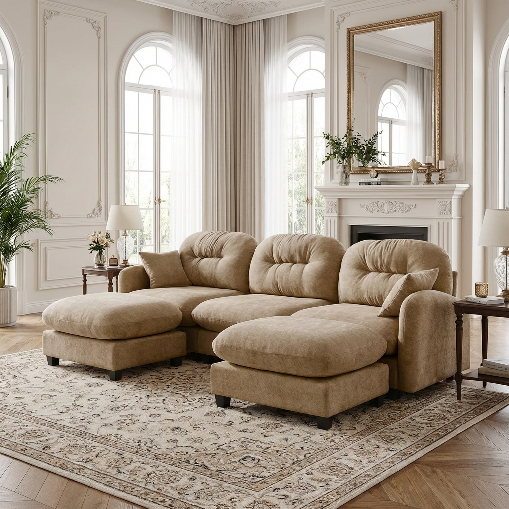 Roselyn 107" Chenille U-Shaped Sectional Sofa with 2 Ottomans and Tufted Backrest