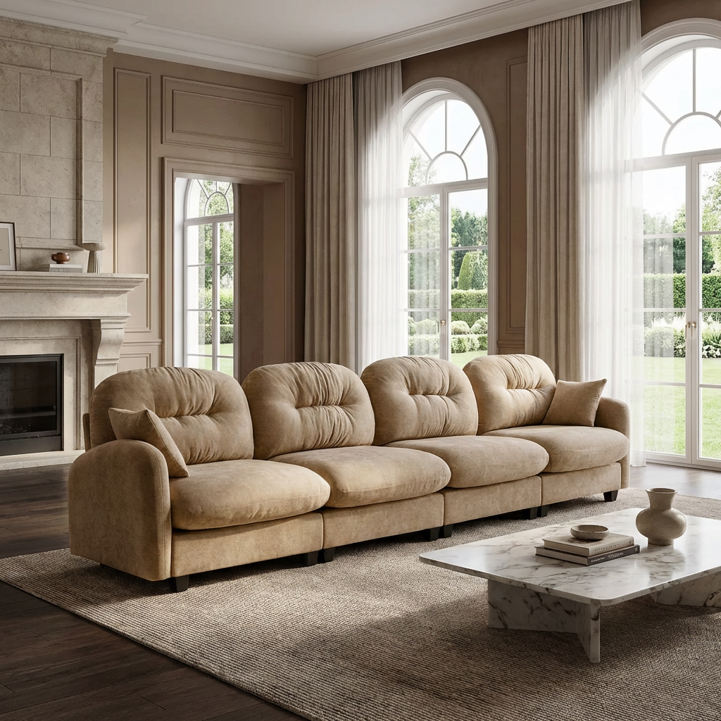 Homy Casa Roselyn 140" Modular Chenille Cloud 4-Seater Sofa with Tufted Cushion Backrest and  Pillows with Ottoman