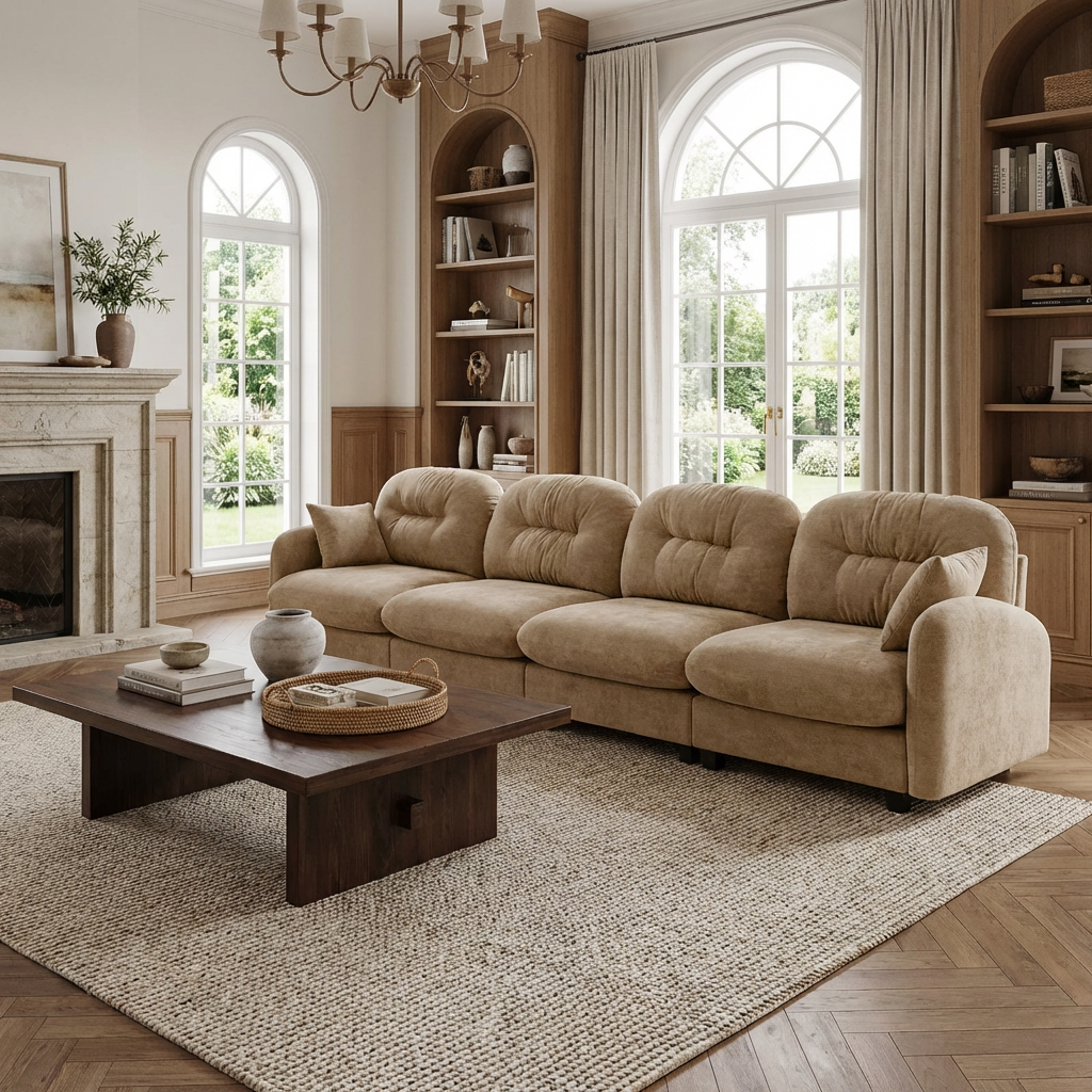 Roselyn 140" Modular Chenille Cloud 4-Seater Sofa with Tufted Cushion Backrest and  Pillows