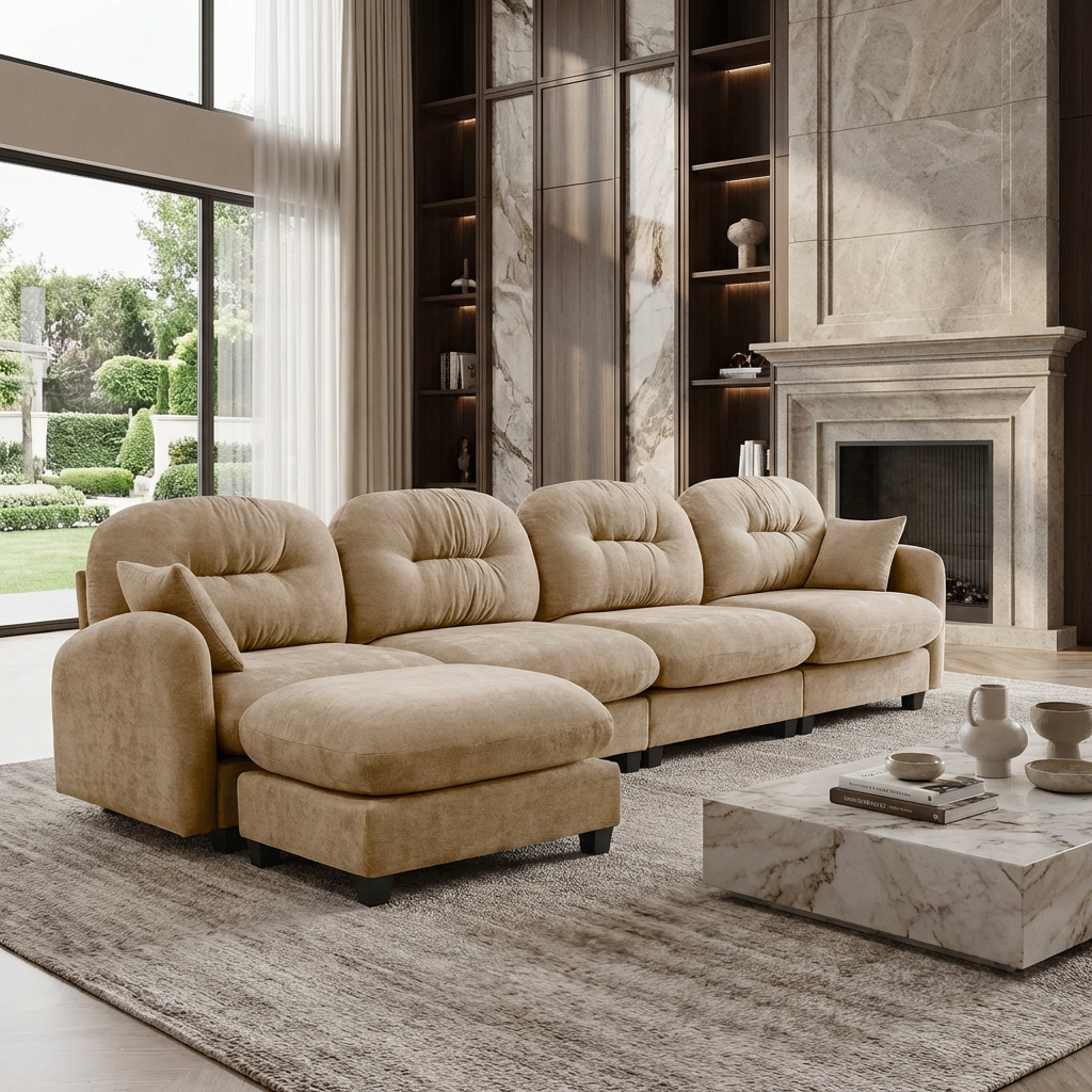 Homy Casa Roselyn 140" Modular Chenille Cloud 4-Seater Sofa with Tufted Cushion Backrest and  Pillows with Ottoman