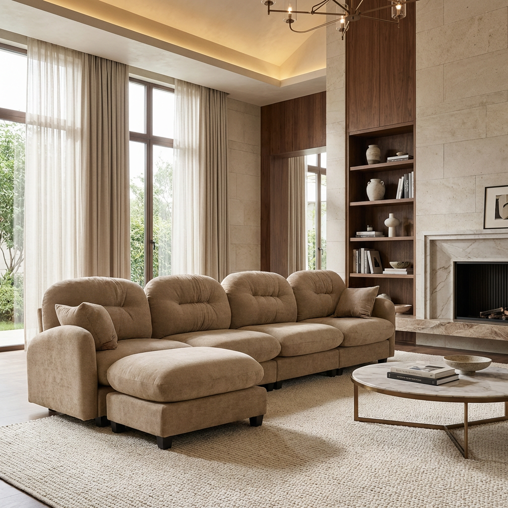 Roselyn 140" Modular Chenille Cloud L-Shaped Sectional Sofa with Ottoman and Tufted Cushion Backrest