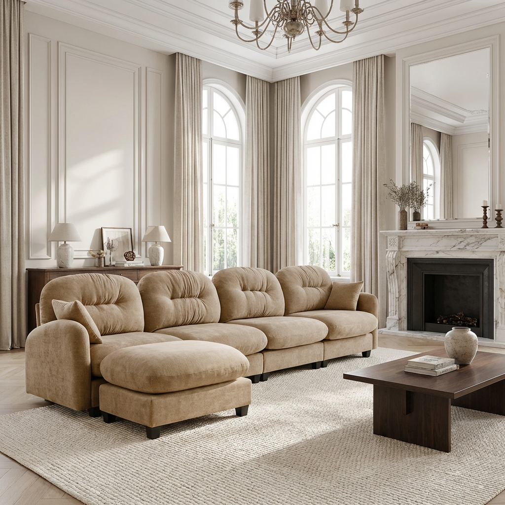 Homy Casa Roselyn 140" Modular Chenille Cloud 4-Seater Sofa with Tufted Cushion Backrest and  Pillows with Ottoman