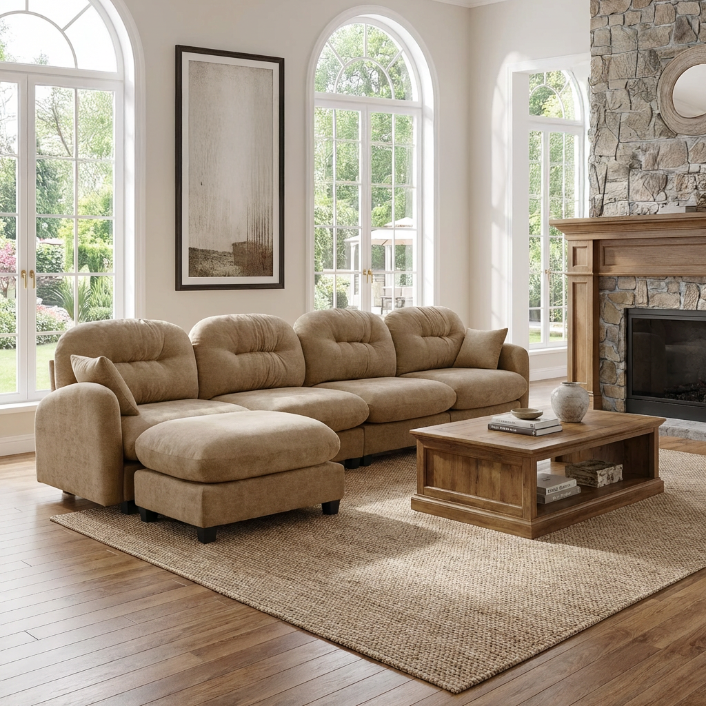Roselyn 140" Modular Chenille Cloud L-Shaped Sectional Sofa with Ottoman and Tufted Cushion Backrest