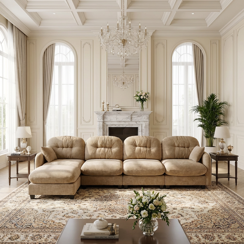 Homy Casa Roselyn 140" Modular Chenille Cloud 4-Seater Sofa with Tufted Cushion Backrest and  Pillows with Ottoman