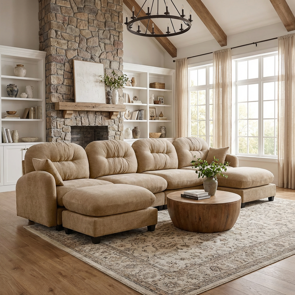 Roselyn 140" Modular Chenille U-Shaped Sectional Sofa with Ottoman and Tufted Cushion Backrest