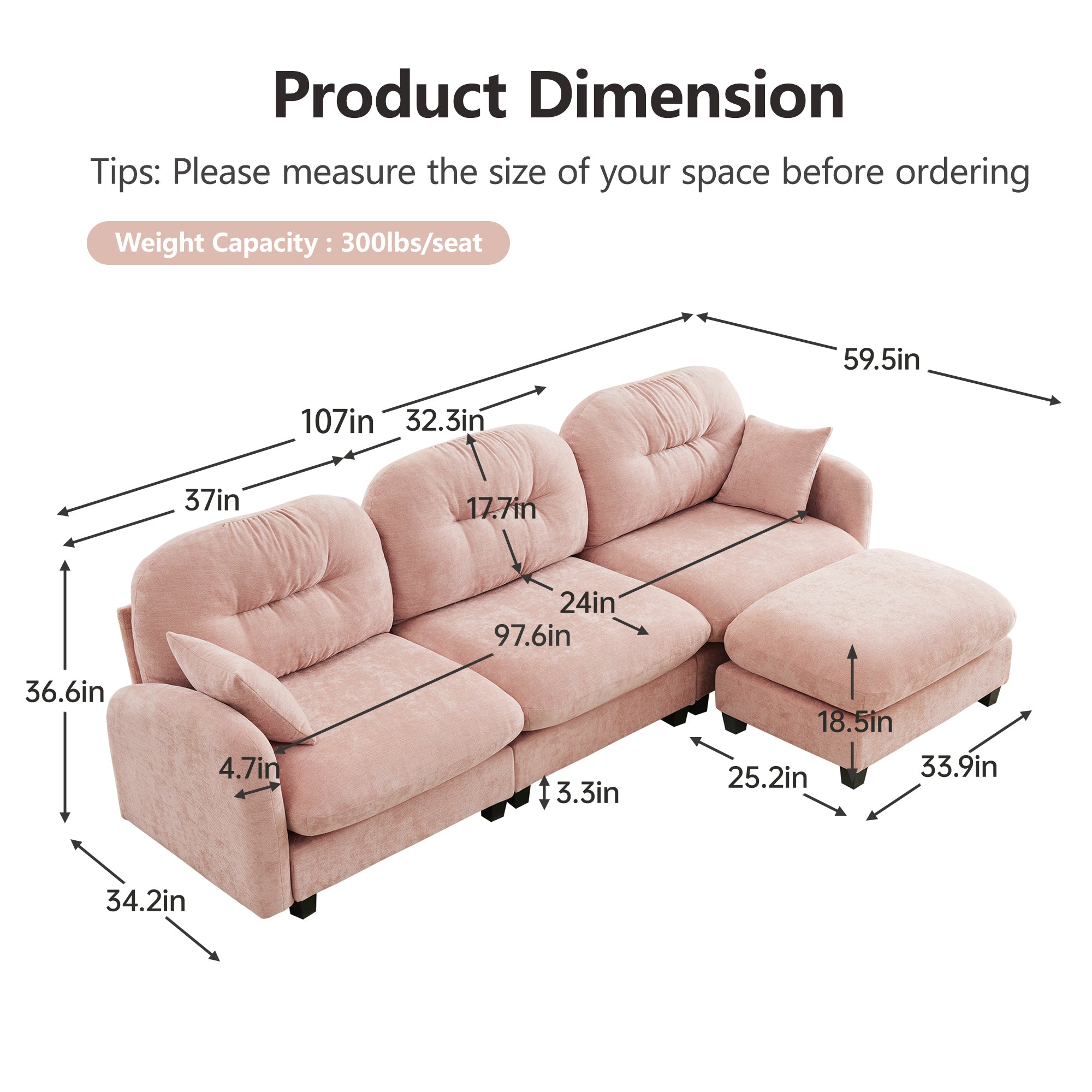 Roselyn 107" Modular Chenille Cloud L-Shaped Sectional Sofa with Ottoman