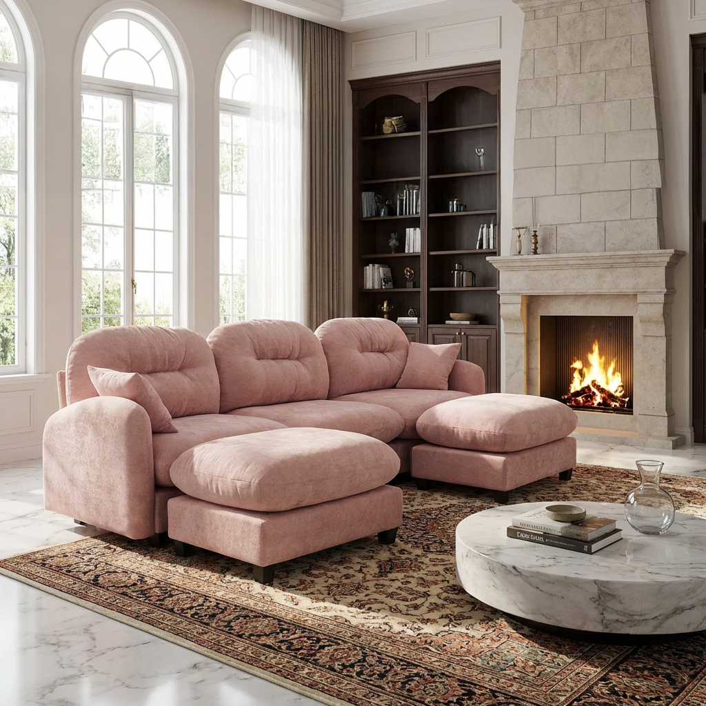 Roselyn 107" Chenille U-Shaped Sectional Sofa with 2 Ottomans and Tufted Backrest
