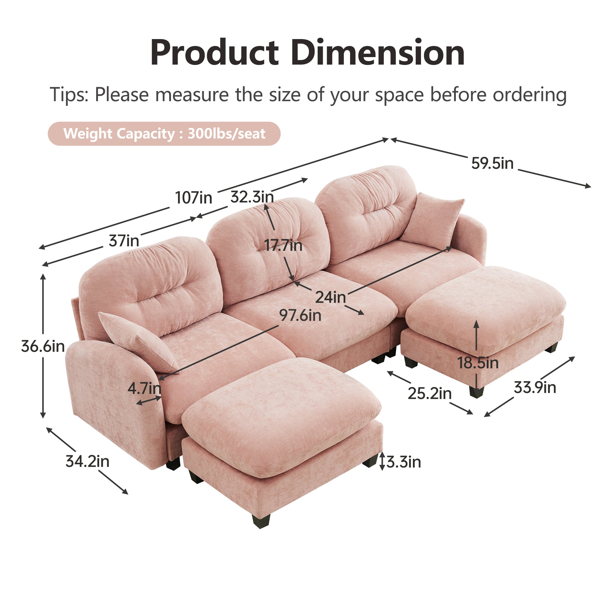 Roselyn 107" Chenille U-Shaped Sectional Sofa with 2 Ottomans and Tufted Backrest