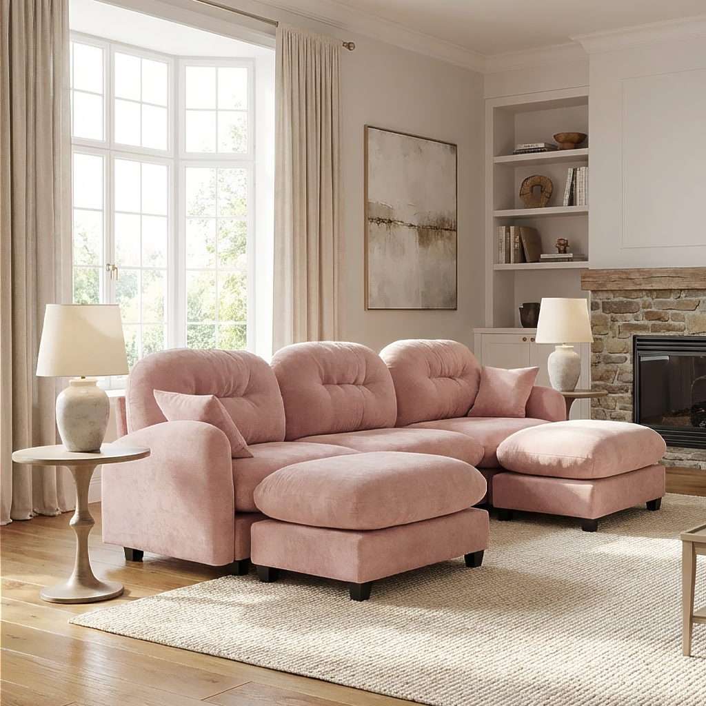 Roselyn 107" Chenille U-Shaped Sectional Sofa with 2 Ottomans and Tufted Backrest