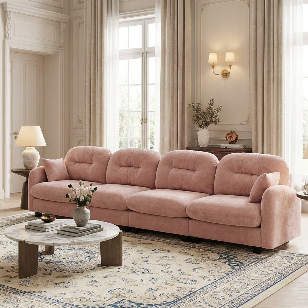 Roselyn 140" Modular Chenille Cloud 4-Seater Sofa with Tufted Cushion Backrest and  Pillows