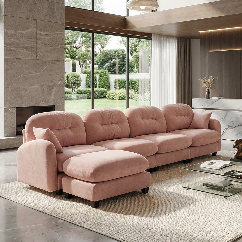 Roselyn 140" Modular Chenille Cloud L-Shaped Sectional Sofa with Ottoman and Tufted Cushion Backrest