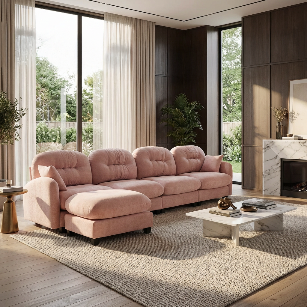 Roselyn 140" Modular Chenille Cloud L-Shaped Sectional Sofa with Ottoman and Tufted Cushion Backrest