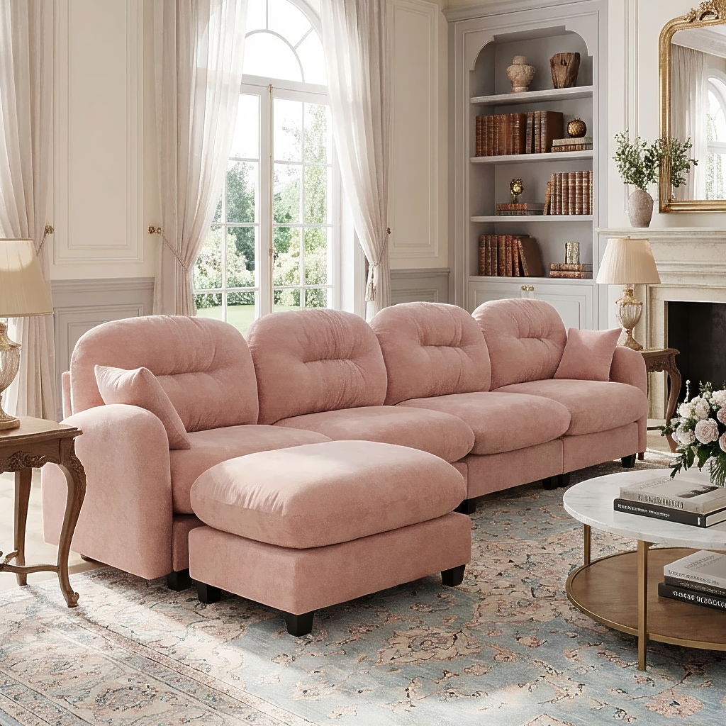 Roselyn 140" Modular Chenille Cloud L-Shaped Sectional Sofa with Ottoman and Tufted Cushion Backrest