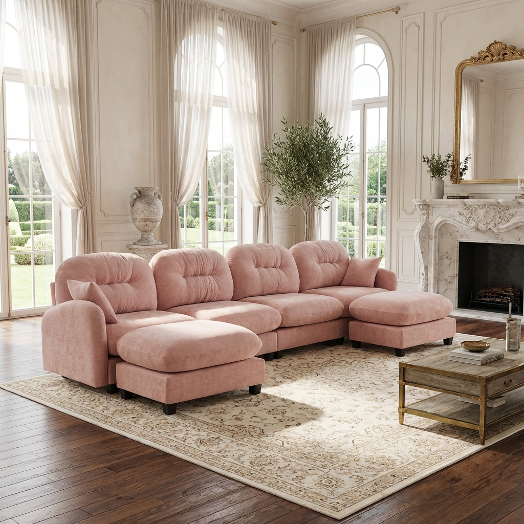 Roselyn 140" Modular Chenille U-Shaped Sectional Sofa with Ottoman and Tufted Cushion Backrest