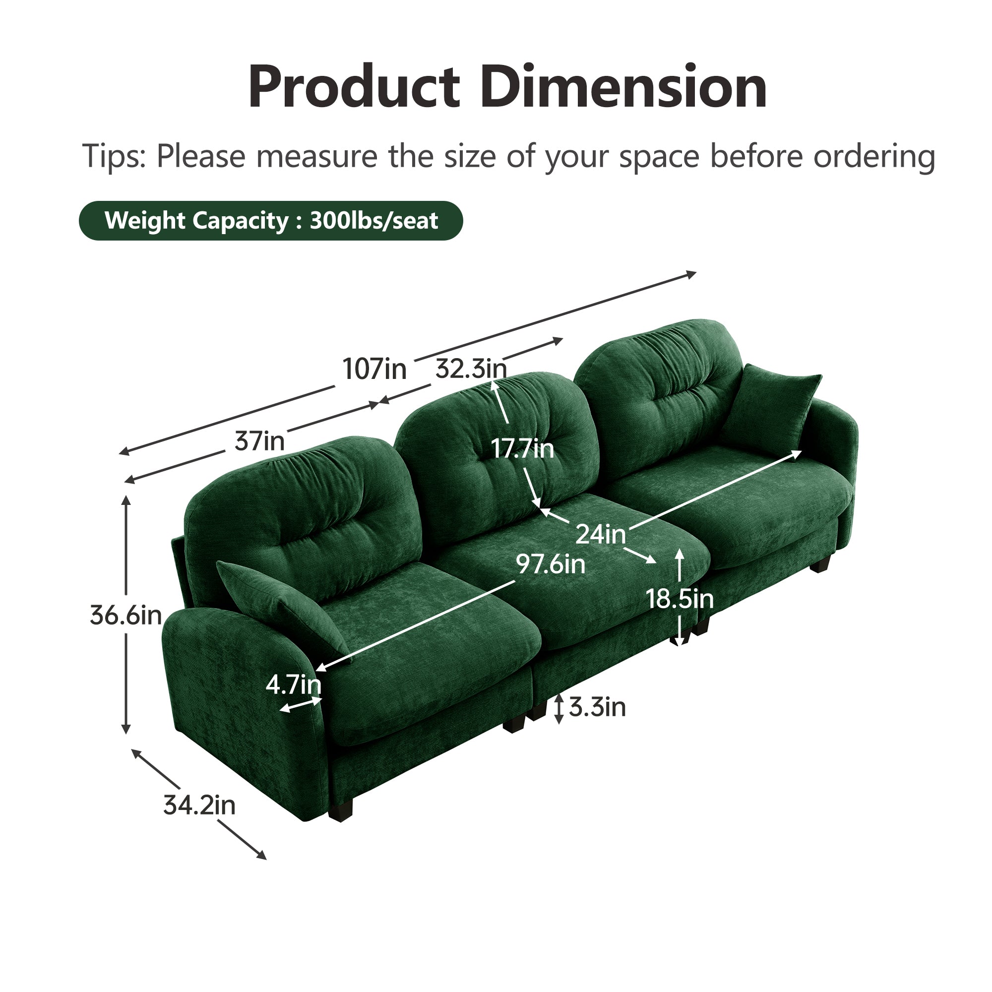 Roselyn 107" Modular Chenille Cloud 3-Seater Sofa with Elegant Armrests