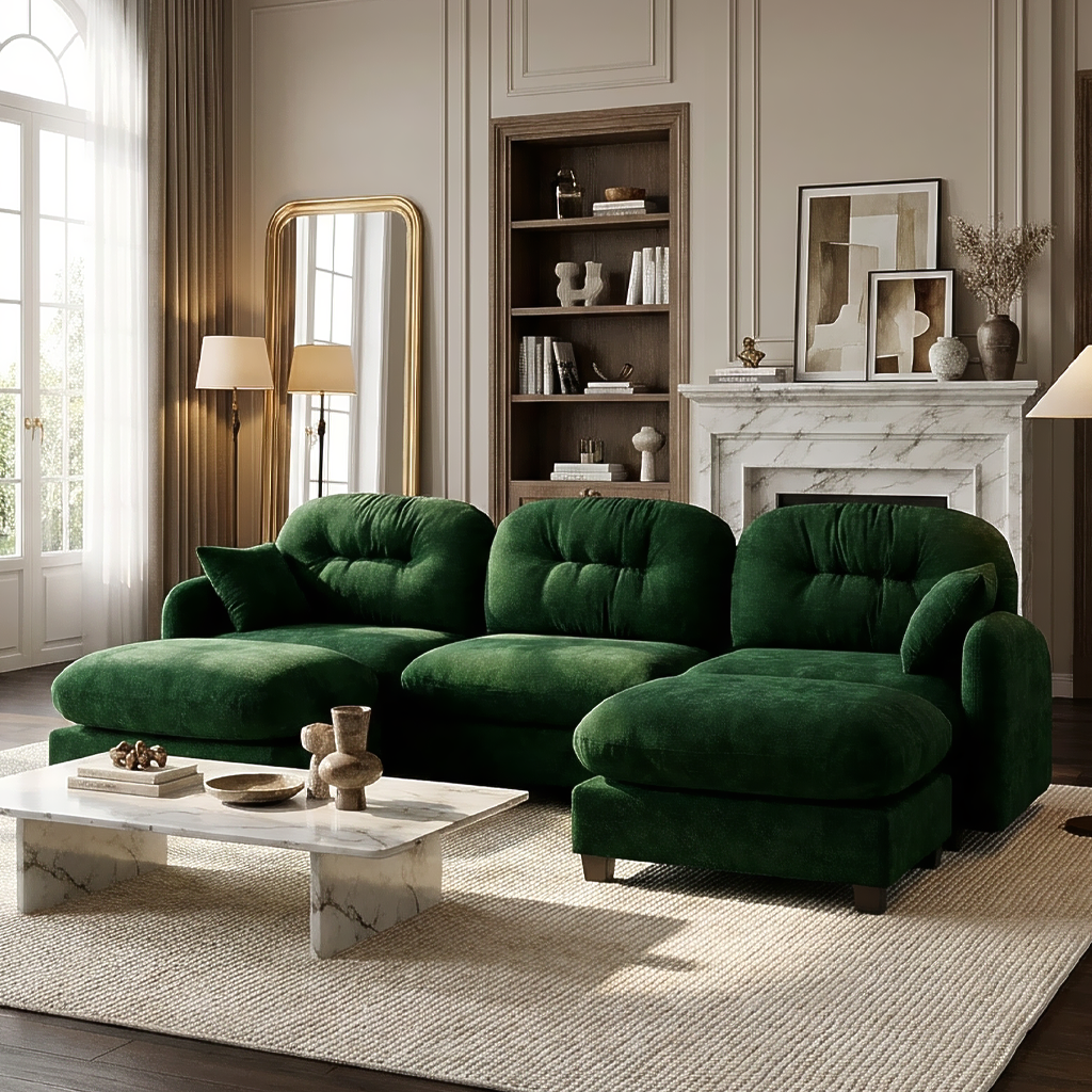 Roselyn 107" Chenille U-Shaped Sectional Sofa with 2 Ottomans and Tufted Backrest