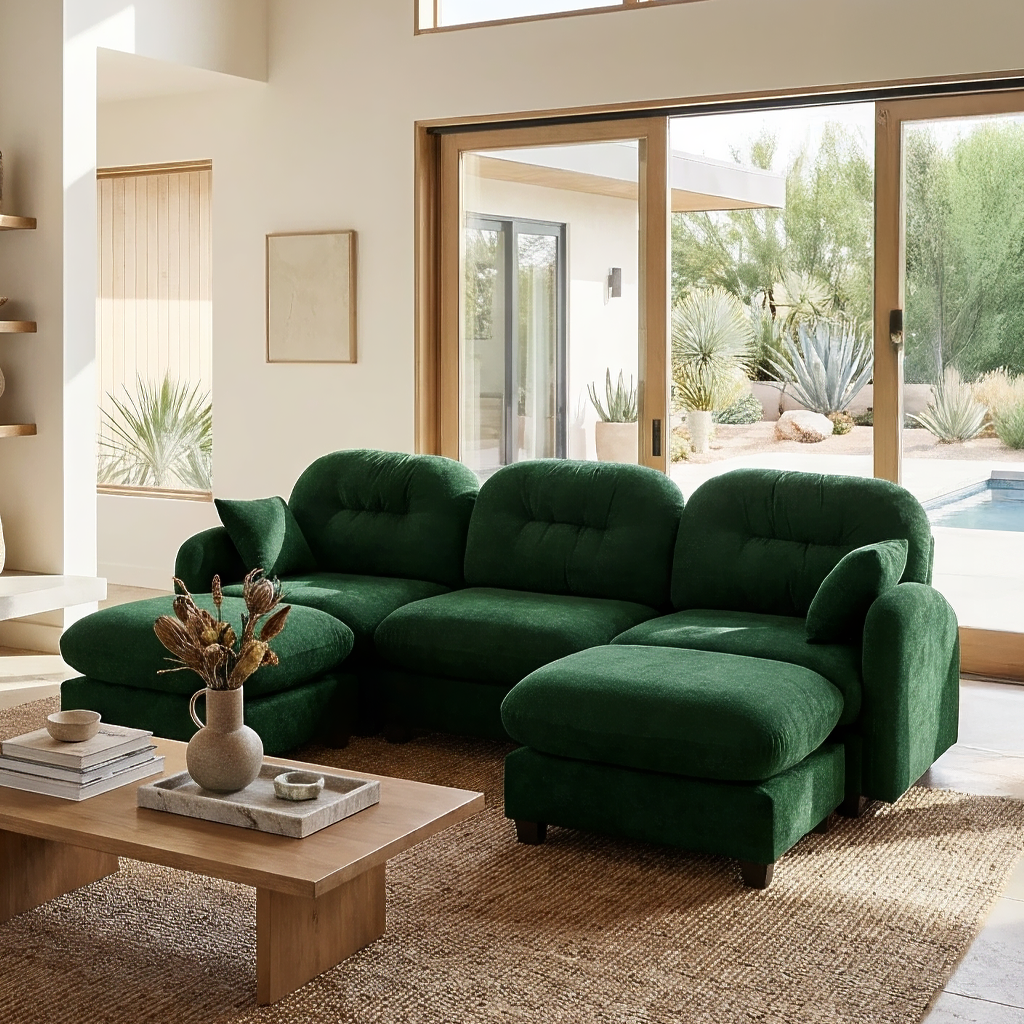 Roselyn 107" Chenille U-Shaped Sectional Sofa with 2 Ottomans and Tufted Backrest