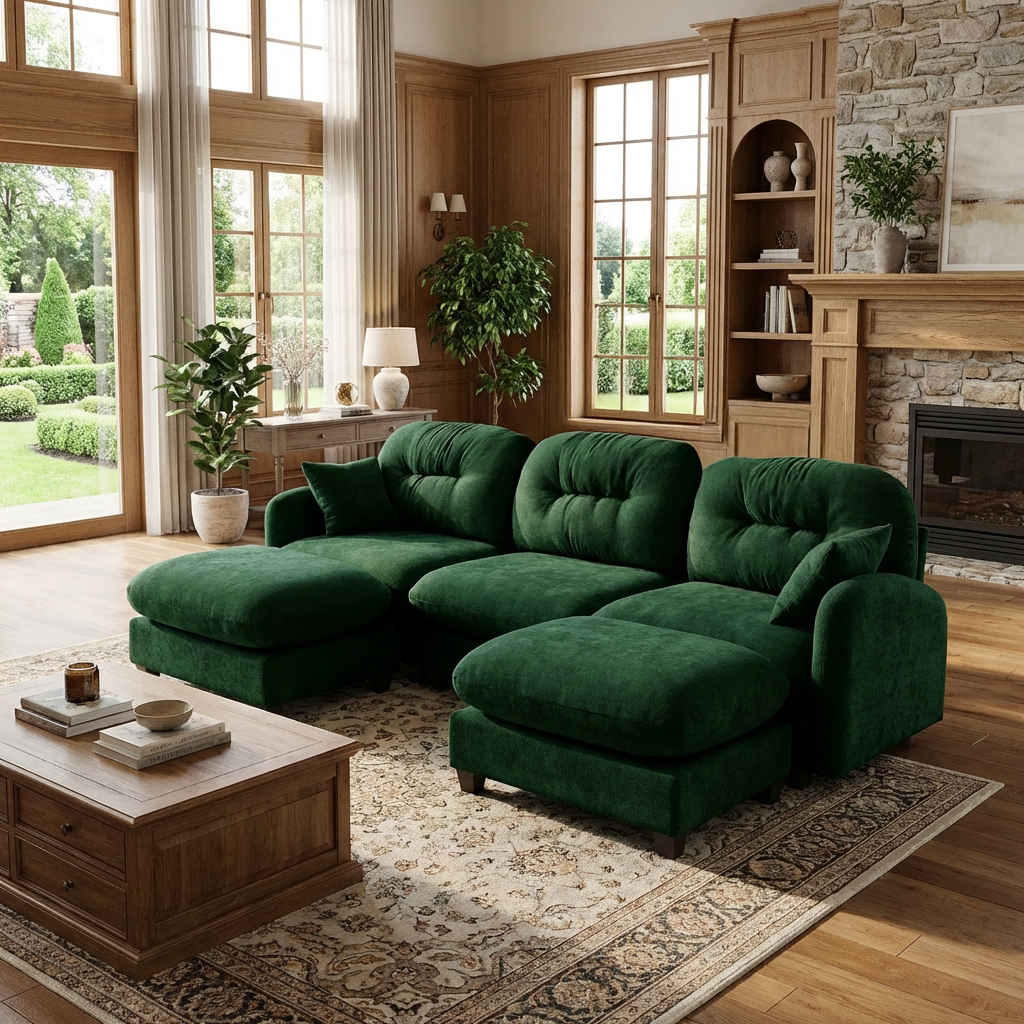 Roselyn 107" Chenille U-Shaped Sectional Sofa with 2 Ottomans and Tufted Backrest