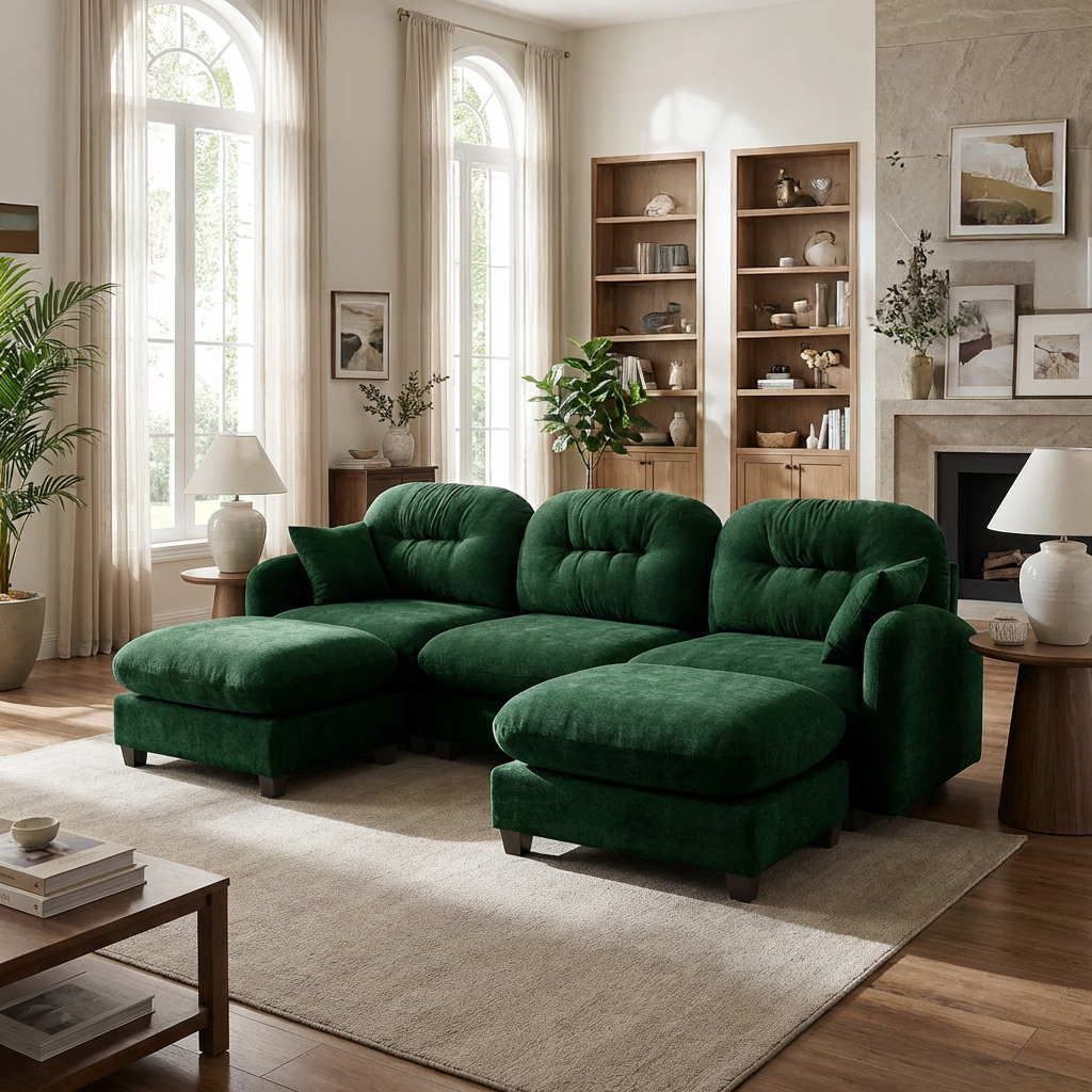 Roselyn 107" Chenille U-Shaped Sectional Sofa with 2 Ottomans and Tufted Backrest