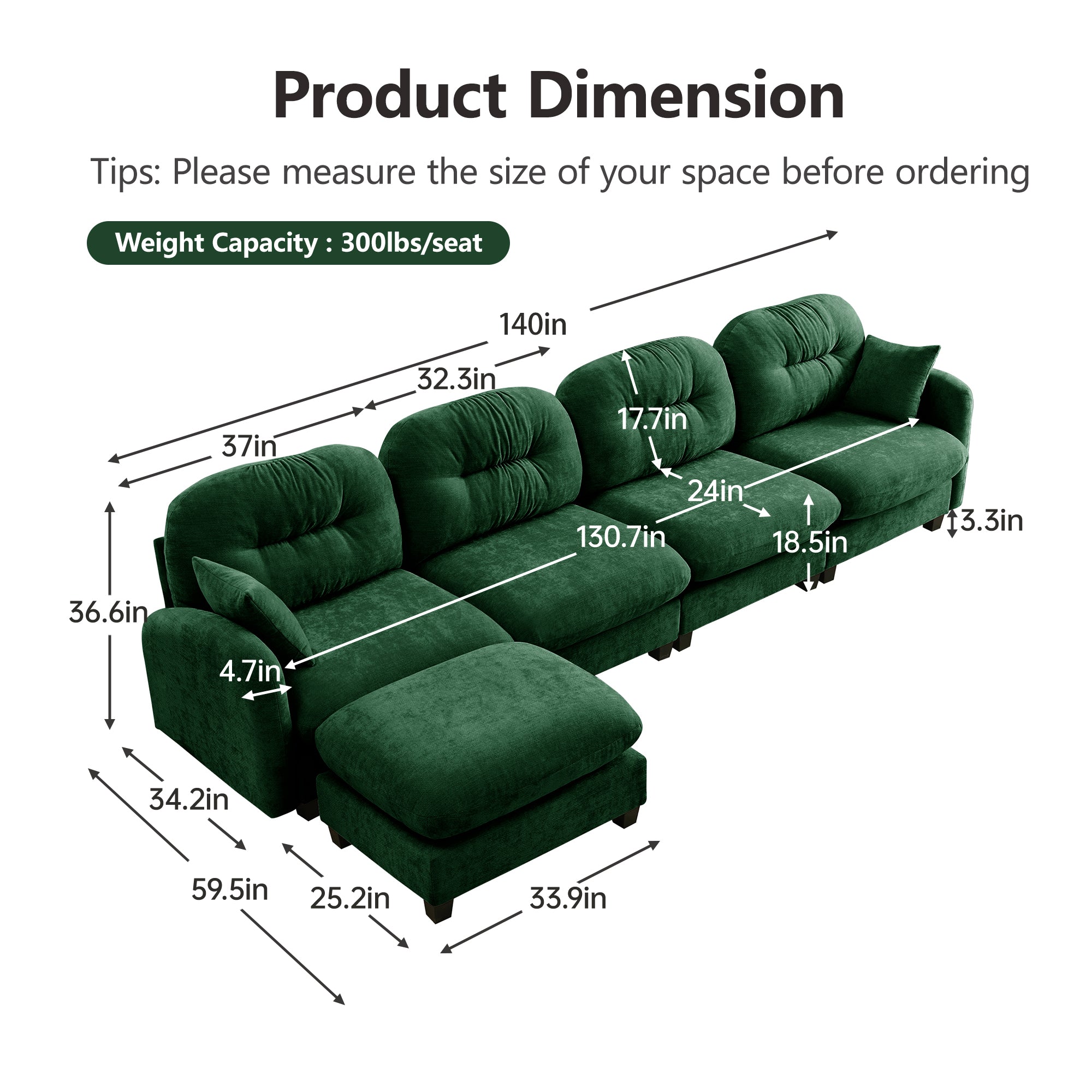 Homy Casa Roselyn 140" Modular Chenille Cloud 4-Seater Sofa with Tufted Cushion Backrest and  Pillows with Ottoman