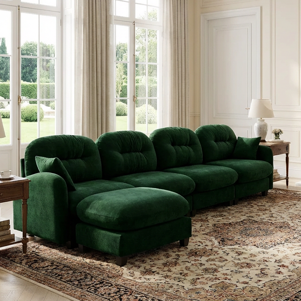 Roselyn 140" Modular Chenille Cloud L-Shaped Sectional Sofa with Ottoman and Tufted Cushion Backrest