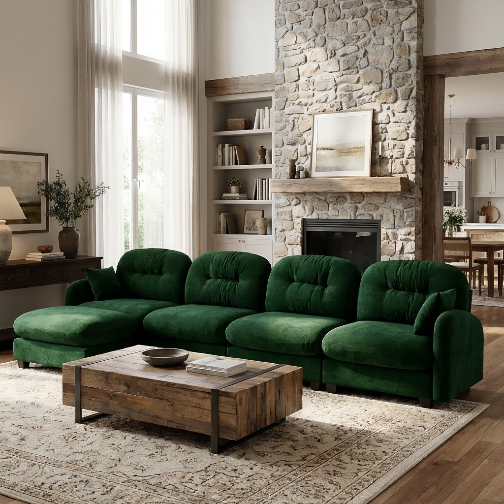 Roselyn 140" Modular Chenille Cloud L-Shaped Sectional Sofa with Ottoman and Tufted Cushion Backrest