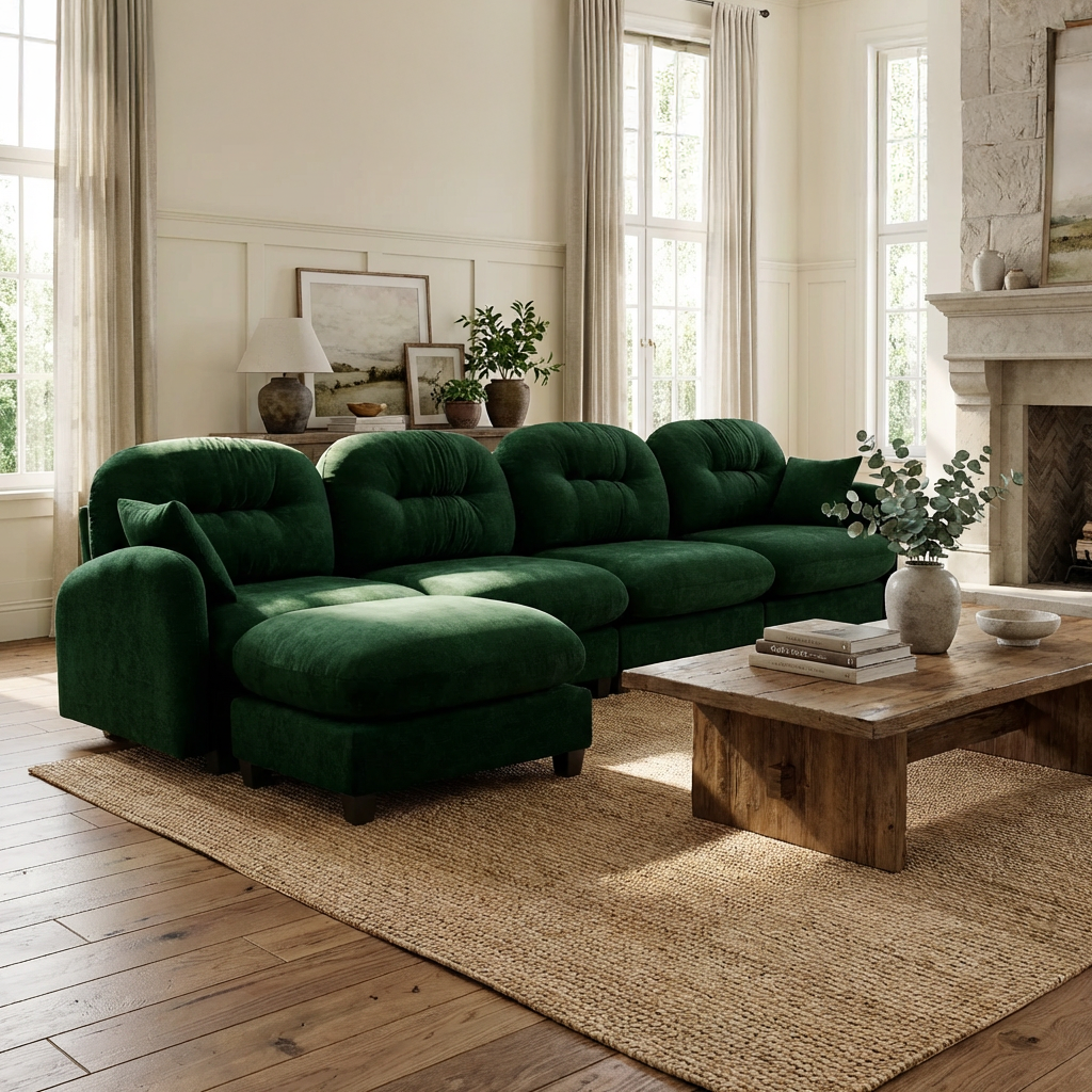 Roselyn 140" Modular Chenille Cloud L-Shaped Sectional Sofa with Ottoman and Tufted Cushion Backrest